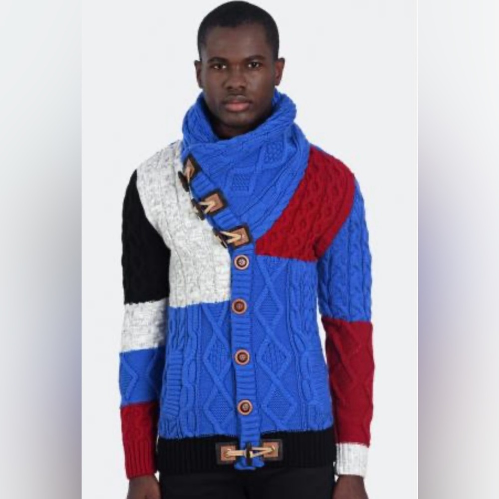 LCR Royal Blue / Red / Multicolor Modern Fit Wool Shawl Collar Cardigan